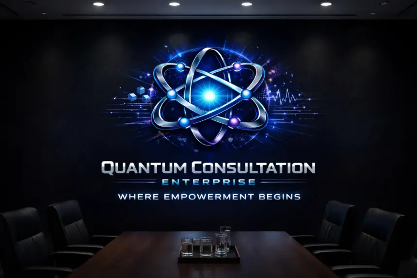 Boardroom with the Quantum Consultation Enterprise emblem on the wall — 'Where empowerment begins'