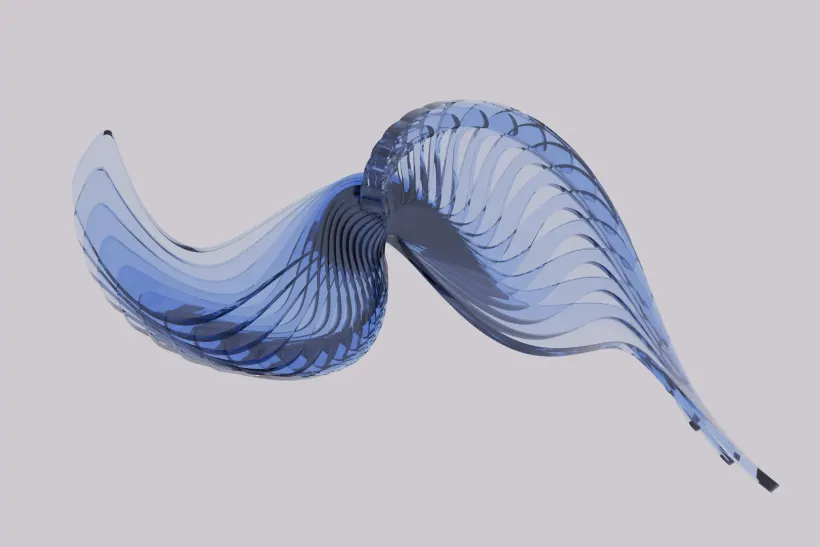 Translucent blue wave sculpture — layered curves resolving into a single form