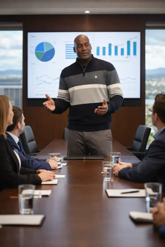 A consultant presenting charts to a boardroom of executives