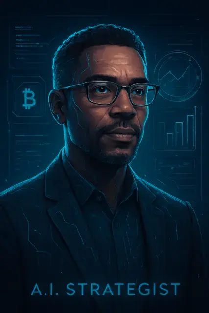 Illustrated portrait of an AI strategist against a backdrop of charts and a bitcoin symbol