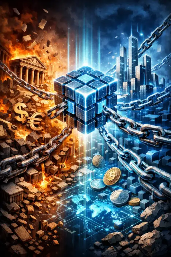 Digital collage — a glowing blockchain cube chained between a crumbling old financial system and a rising digital city